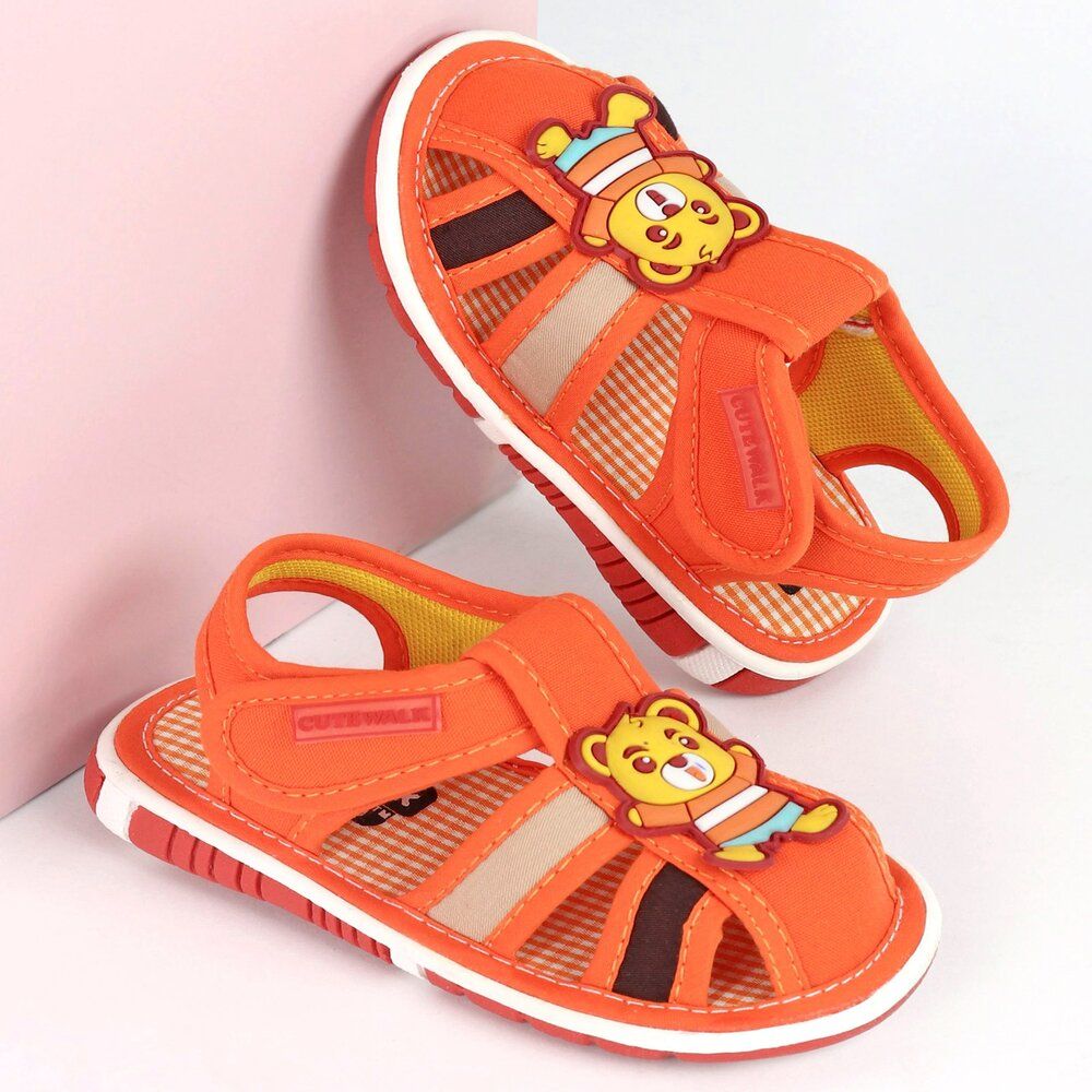Cute Walk by Babyhug Musical Sandals with Velcro Closure Teddy Patch - Orange