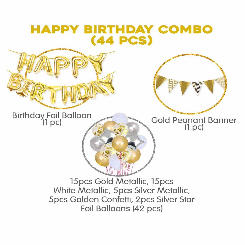 Party Propz Birthday Themed Decoration Kit Golden Silver - Pack of 44