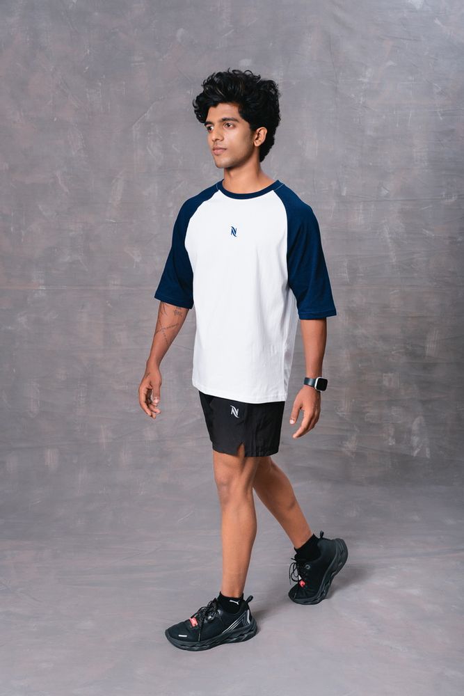 Blue and White Raglan Sleeve Cotton Oversized T-Shirt