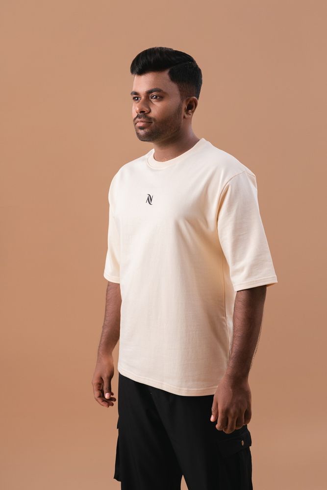 Half White Cotton Solid Black Over Sized T-Shirt