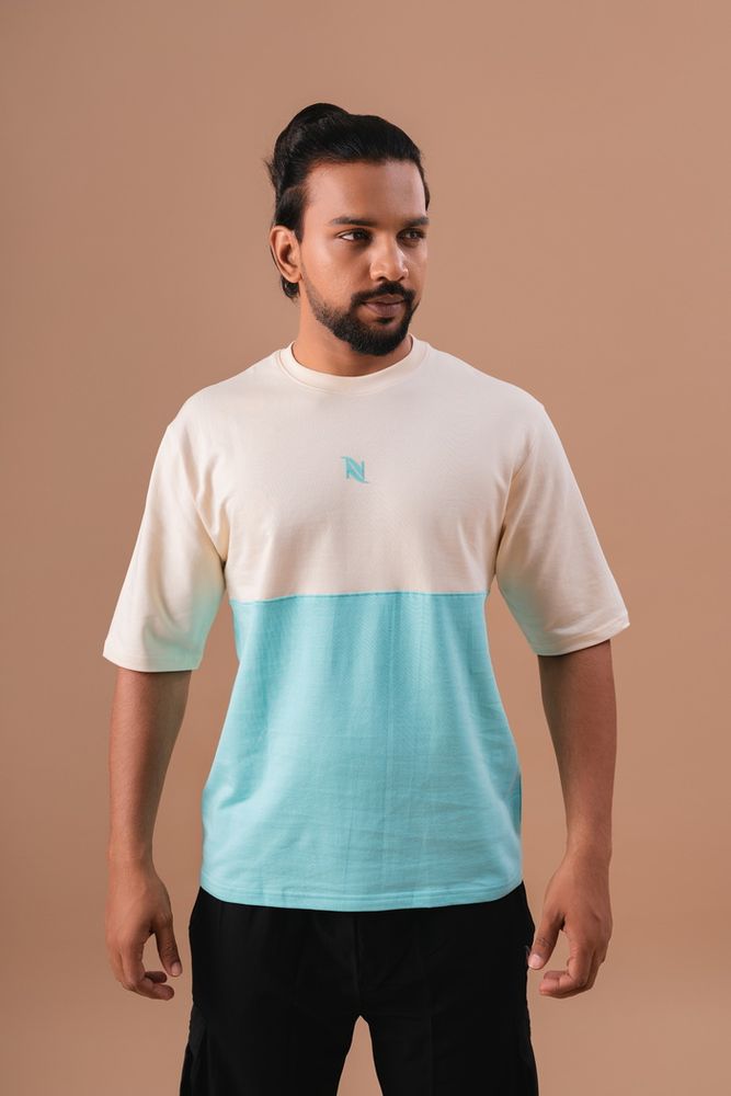 Peach and Green Oversized Cut and Sew T-Shirt