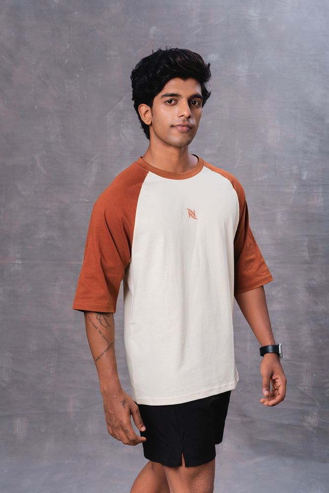 Raglan Sleeve Cotton Oversized T-Shirt-Brown and Half White