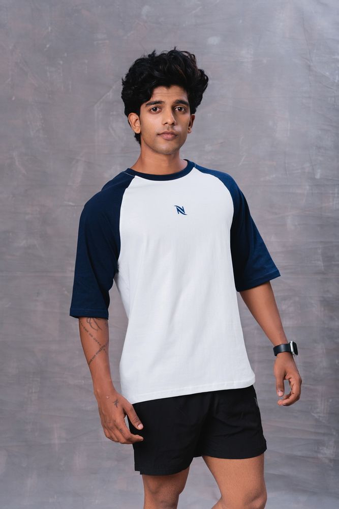 Blue and White Raglan Sleeve Cotton Oversized T-Shirt