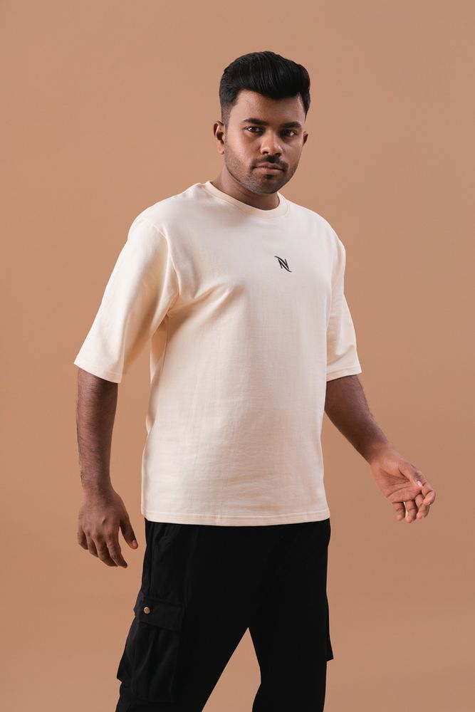 Half White Cotton Solid Black Over Sized T-Shirt