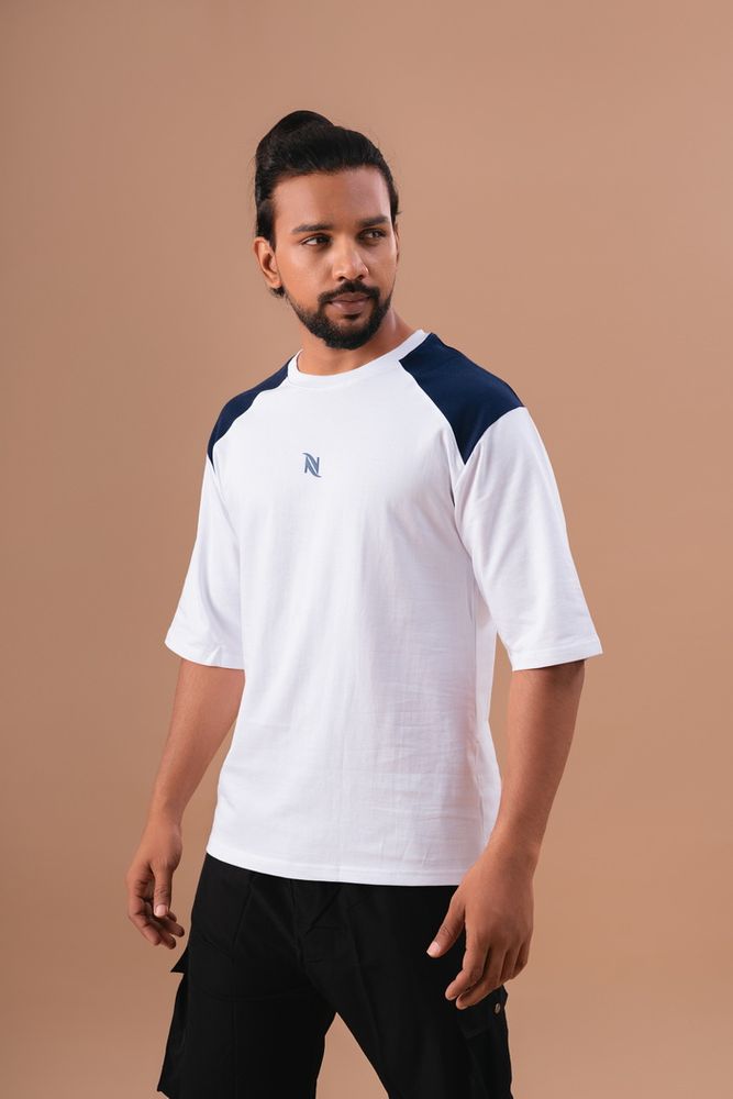 White and Royal Blue Cut and Sew Oversized T-Shirt