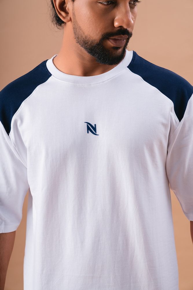 White and Royal Blue Cut and Sew Oversized T-Shirt