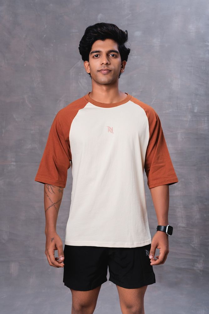 Raglan Sleeve Cotton Oversized T-Shirt-Brown and Half White