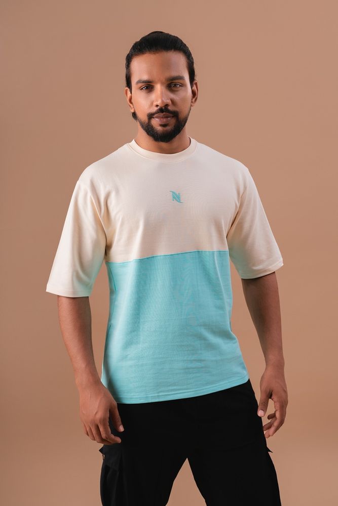 Peach and Green Oversized Cut and Sew T-Shirt