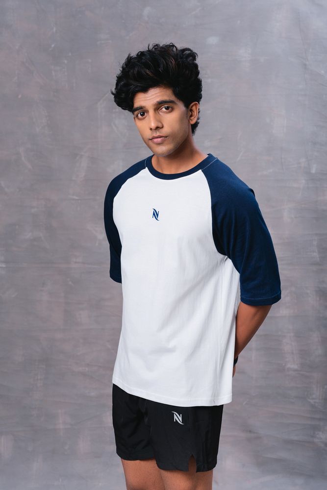 Blue and White Raglan Sleeve Cotton Oversized T-Shirt