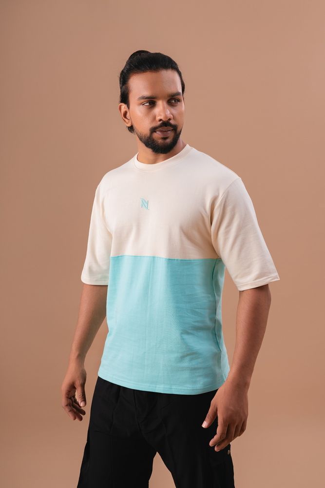 Peach and Green Oversized Cut and Sew T-Shirt