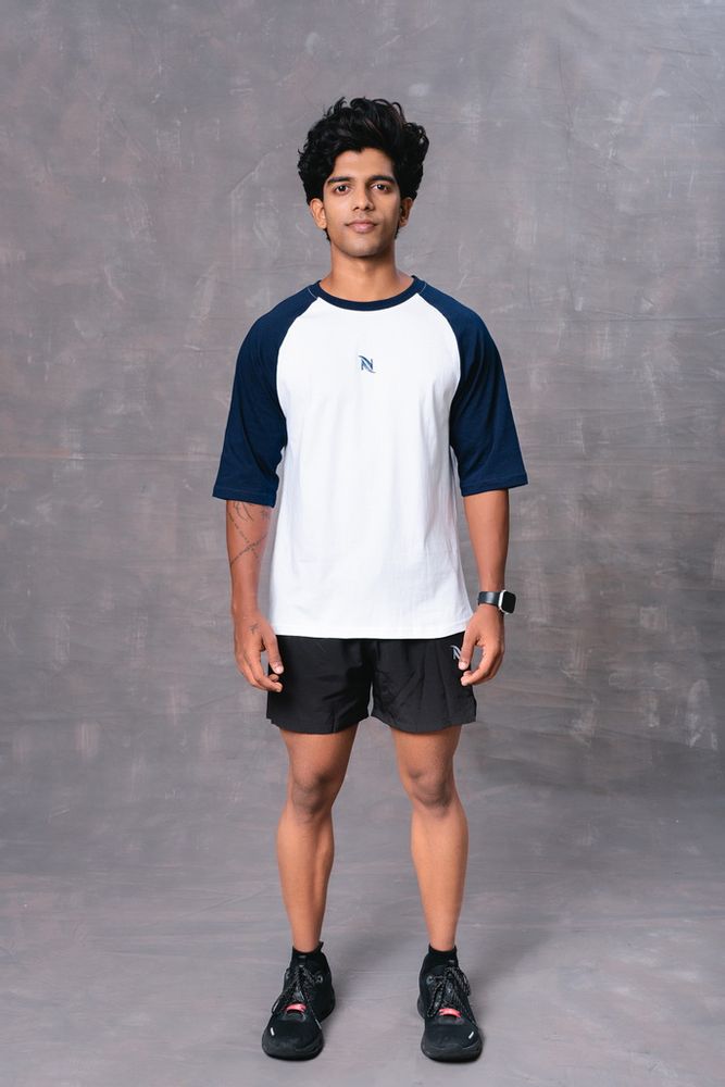 Blue and White Raglan Sleeve Cotton Oversized T-Shirt