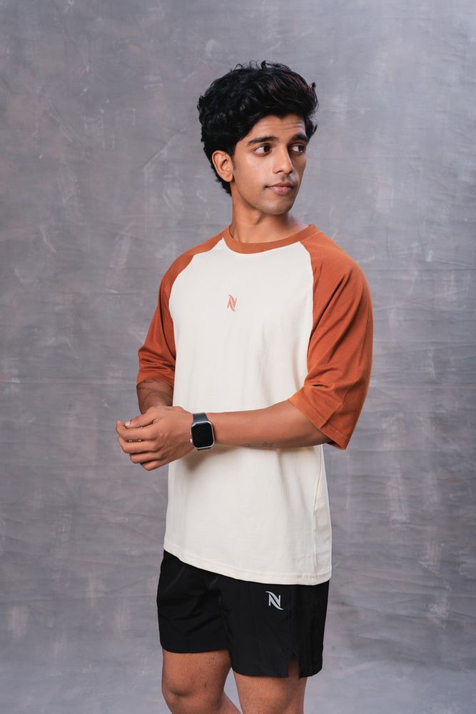 Raglan Sleeve Cotton Oversized T-Shirt-Brown and Half White