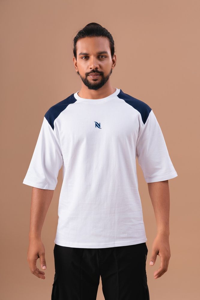 White and Royal Blue Cut and Sew Oversized T-Shirt