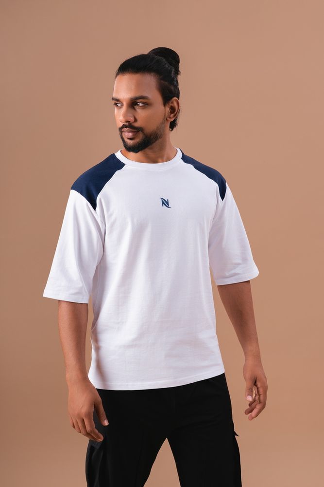 White and Royal Blue Cut and Sew Oversized T-Shirt