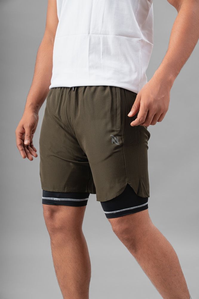 Men's 2 in 1 Running Shorts-Olive Green