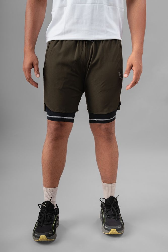 Men's 2 in 1 Running Shorts-Olive Green