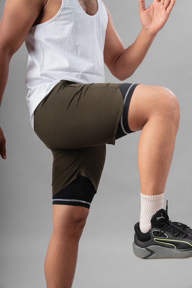 Men's 2 in 1 Running Shorts-Olive Green