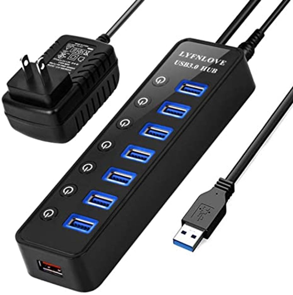 LYFNLOVE USB Hub 3.0 Splitter,7 Port USB Data Hub with Power Adapter and One Charging Port,Individual On/Off Switches and Lights for Laptop, PC, Computer, Mobile HDD, Flash Drive and More