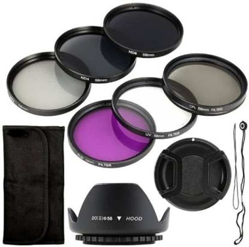 SHOPEE 58 mm Saftey UV Cpl Fld Nd2 Nd4 Nd8 Nd16 10 Pieces Filter Kit + Lens Hood + Lens Cap+ CAP Holder for (1000D 1100D 600D 650D 1200D Lens Hood  (58 mm, Black)