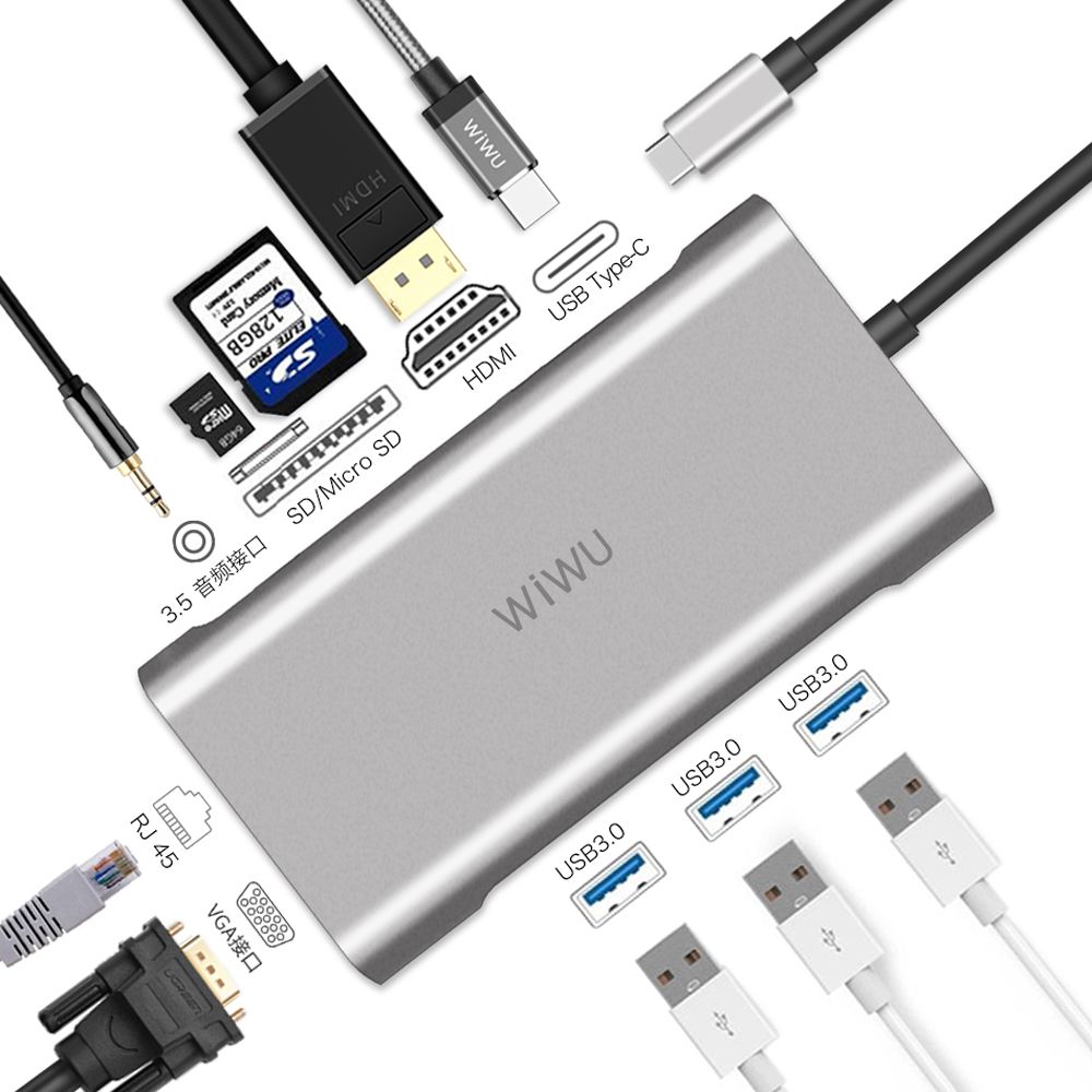 WIWU 10 in 1 USB Hub for MacBook USB C to HDMI/VGA/RJ45 Thunderbolt 3 Adapter for Dell/Samsung/Huawei P20 Pro Type-c USB 3.0 Hub