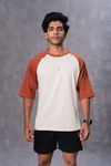 Raglan Sleeve Cotton Oversized T-Shirt-Brown and Half White