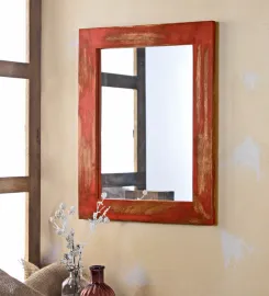 Mango Wood Rectangle Wall Mirror in Red colour