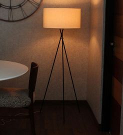 White Fabric Shade Tripod Floor Lamp with Black Base