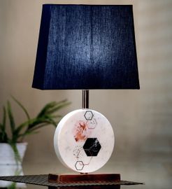 Blue Fabric Shade Marble Table Lamp with Antique Copper Base