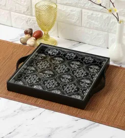 Monochrome Lotus Reiteration Black Faux Leather Serving Tray