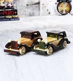 Brown/Green Wooden Car Miniature Transport Decor Showpiece
