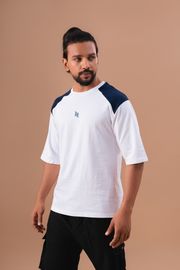White and Royal Blue Cut and Sew Oversized T-Shirt