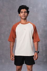 Raglan Sleeve Cotton Oversized T-Shirt-Brown and Half White