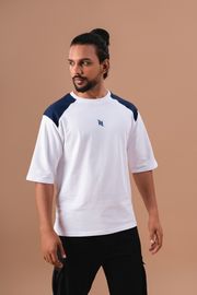 White and Royal Blue Cut and Sew Oversized T-Shirt