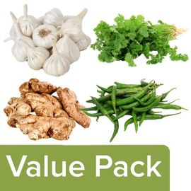 Fresho Coriander Leaves 100 g + Garlic 250 g + Ginger 250 g + Chilli Green Long 250 g, Combo 4 Items
