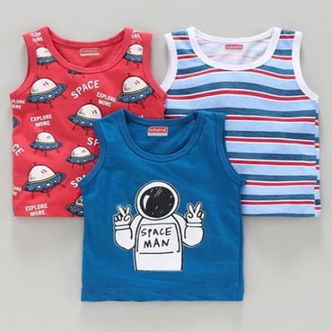 Babyhug 100% Cotton Sando Space Theme Print Pack of 3 - Red Blue