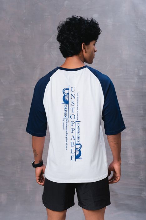 Blue and White Raglan Sleeve Cotton Oversized T-Shirt