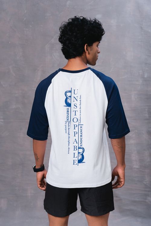 Blue and White Raglan Sleeve Cotton Oversized T-Shirt